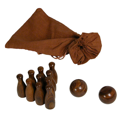 Miniature Hand Carved Wooden Bowling Game From India Fair Trade Wooden Bowling Game In A Bag With 12 Pins And 2 Made India High 1 Diameter Have