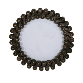 Small Round Photo Frame made of Recycled Bicycle Chain Interior of Frame Measures  3-1/2 diameter Entire Frame Measures 5-1/4 diameter x 2-1/2 deep