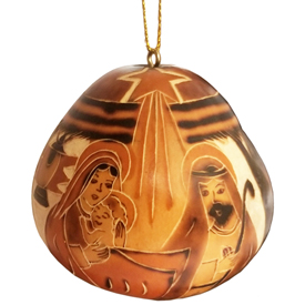 Gourd Nativity Ornament - Front - Mary, Joseph, and Baby Jesus Handmade by Artisans in Peru