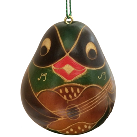 Green Bird Gourd Ornament Playing a Guitar (Front View) <br width=275 > crafted by Artisans in Peru 