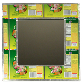 Recycled Metal Canola Oil Mirror  Crafted by Artisans in India  Measures 16” high x 16” wide outside, with 10-1/2” x 10-1/2” mirror
