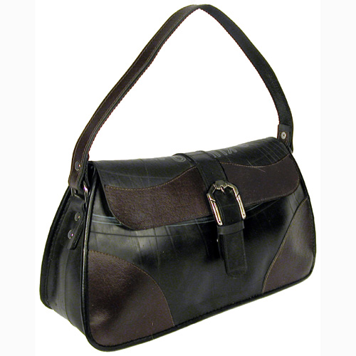 Silvia Recycled Tire Handbag From El Salvador Fair Trade Medium Tire Handbag W Buckle Flap And Coffee Accents Side View