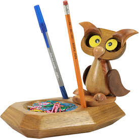  Wooden Owl Pen Holder   Crafted by Artisans in Peru   Measures 5 1/2 high x 4 5/8 wide x 7 5/8” deep 