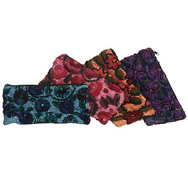 Rococo Cosmetic Bag made in Guatemala Measures 8 wide x 4 high Available In Blue, Pink, Brown, and Purple