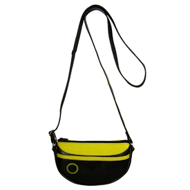 Patricia - Half-Moon Shoulder Bag w/ Yellow Leather Accents and Adjustable Strap Recycled Tire Tube - Measures: 8 in. wide x 5-1/4 in. high x 3 in. deep.