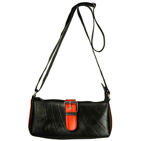 Karina - Shoulder Bag w/ Red Leather Accents and Adjustable Strap, Recycled Tire Tube<br width=275 >Measures: 10-1/2 in. wide x 5 in. high x 3 in. deep.