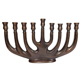 Recycled Metal Hanukkah Crafted by Artisans in India Measures 5 1/2” high x 9 1/8” wide x 1 1/2” deep, 3/8'' candle dimensions            