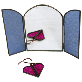 Arched Mirror w/ Doors of Colored Glass - Blue Closed - Measures 5-3/4 wide x 8 high Opened - Measures 11-1/4 wide x 8 high