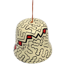 Ceramic Shipibo Bell Ornament  crafted by Artisans in Peru   Measures 2-3/4” high x 2-7/8” wide clay clapper