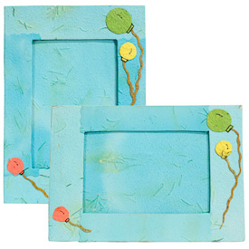 Small Blue Handmade Paper Frames with Balloons crafted by Artisans in Peru  Measures 6” high x 8-1/4” wide x 3” deep with easel back, displays 3-3/8” x 5-3/8” images