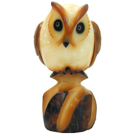 Tagua Horned Owl Figurine Carved by Artisans of Ecuador - Front View   Measures: 3 high x 2 wide x 2 deep
