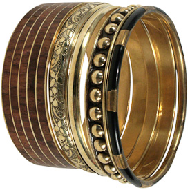 Six Piece Metal Bangle with Wood Inlay  Crafted by Artisans in India  Measures 3-3/4 diameter with 6 separate pieces