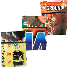 Backpacks with Assorted Prints, made of recycled billboards  Crafted by Artisans in India  Measure 16-1/2” high x 11” wide