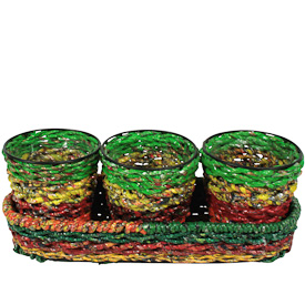 Set of 3 Recycled Candy Wrapper Planters  Crafted by Artisans in India  Each pot measures 4-1/4” deep x 4” diameter