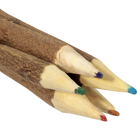 Set of 5 Neem Wood Colored Pencils  Crafted by Artisans in India  Each pencil measures 7” in length, diameter varies 