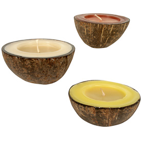 Scented Coconut Shell Candles  Crafted by Artisans in India  Measure 1-3/4” high x 3-1/2” diameter