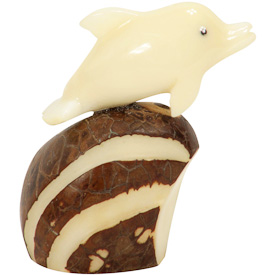 Tagua Dolphin on Wave Figurine Carved by Artisans of Ecuador - Side View   Measures: 2-1/4” high x 1-1/4” wide x 2” deep
